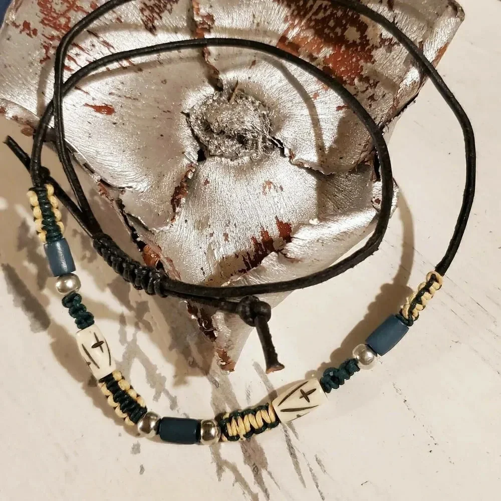 Hand Crafted India Tribal Black Blue Cream Silver Yak Bone Leather Necklace